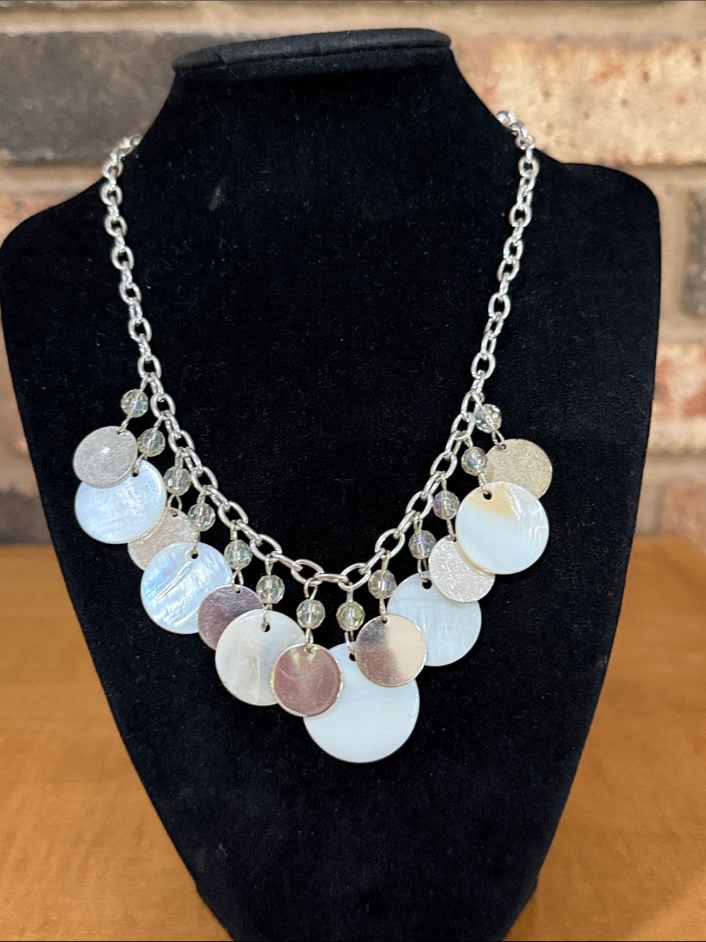 Mother of Pearl and silver tone disc necklace